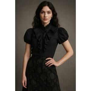 Elie Tahari Black Ruffle Victorian Blouse Small Romantic Whimsygoth Regency